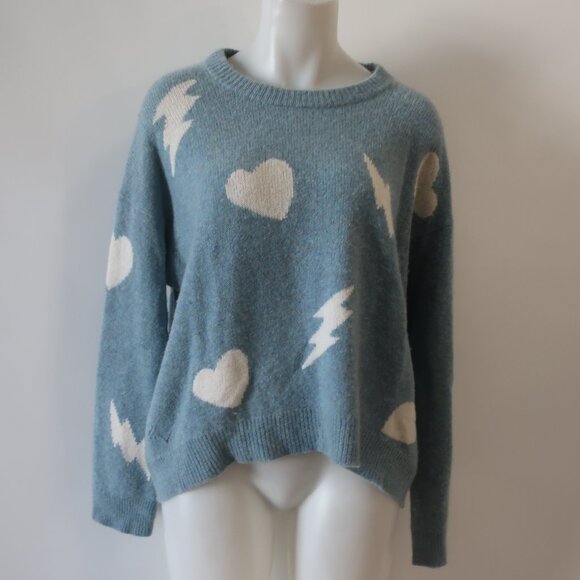 Zadig & Voltaire Marcus Bis C Pure Cashmere Blue White Graphic Heart Sweater M - Picture 3 of 12